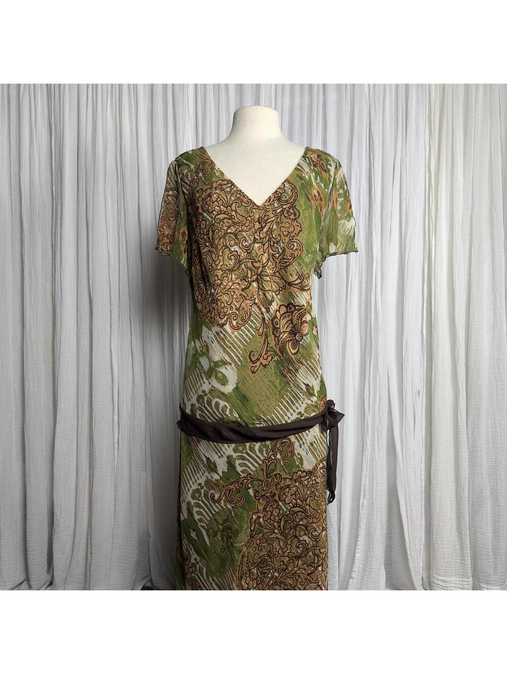 Vintage Earthy Hippie Fairy Bohemian Green Brown Patterned Tea Midi Dress (24W)